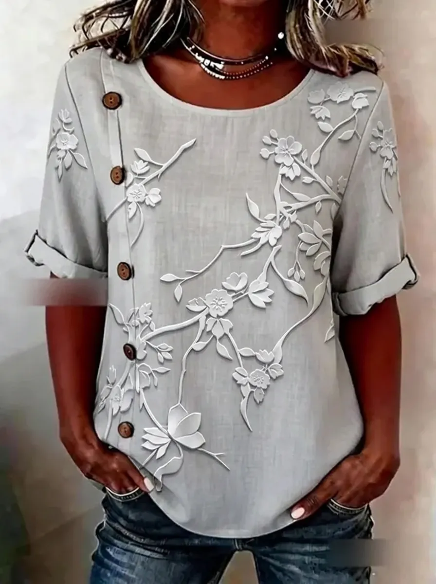 Women's Nashville Floral Branch Button-Accent Printed Top