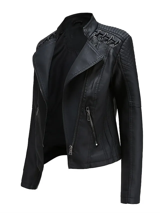 Women's  Faux Leather Jacket Moto Biker Jacket Fall Waterproof Windproof Coat Winter Zipper Lapel Modern Outerwear Long Sleeve Causal Vacation