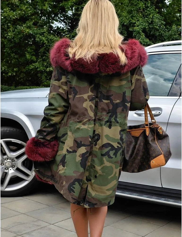 Womens Hooded Camouflage Warm Winter Coats Faux Fur Jacket Parka Overcoat