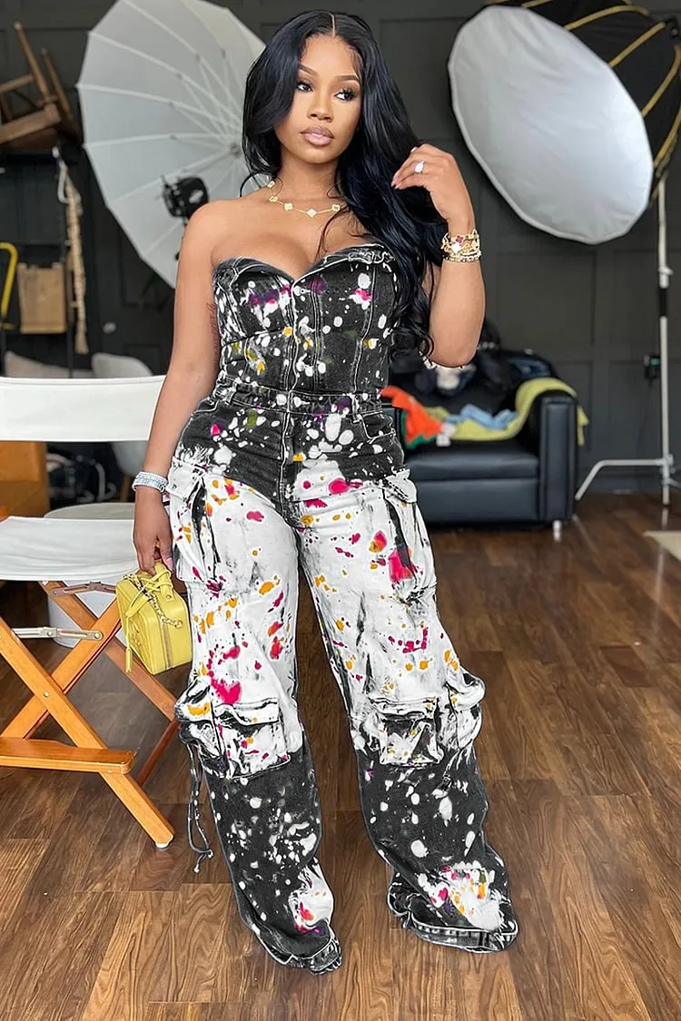 Denim Strapless Splash Ink Print Straight Leg Cargo Jumpsuit-Blue
