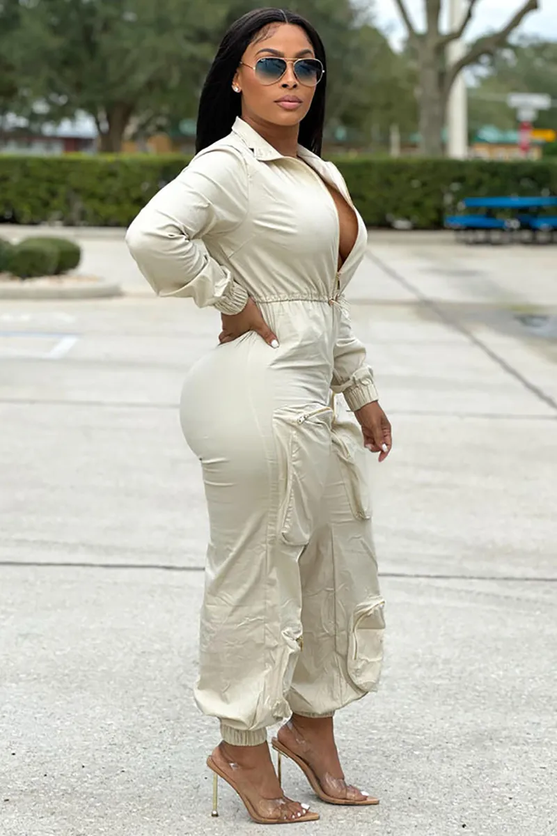 Deep V Zipper Neck Long Sleeve Drawstring Pocket Trousers Casual Jumpsuit