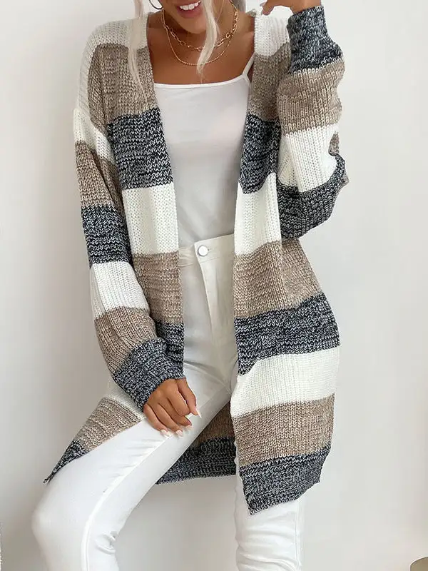 Casual Knit Cardigan Striped Colorblock Sweater Jacket