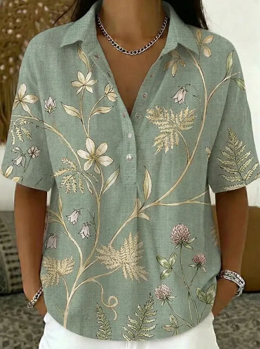 Women's Nashville Botanical Floral Printed V-Neck Polo Shirt