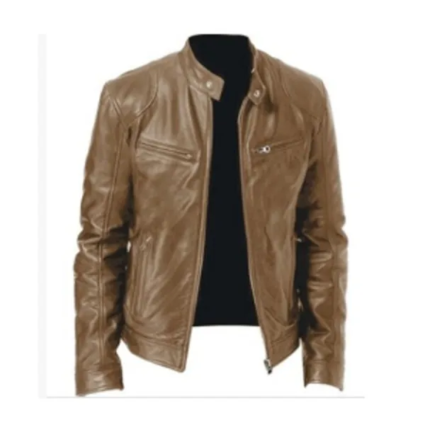 Mens Leather New PU Coat Stand Collar Leather Jacket