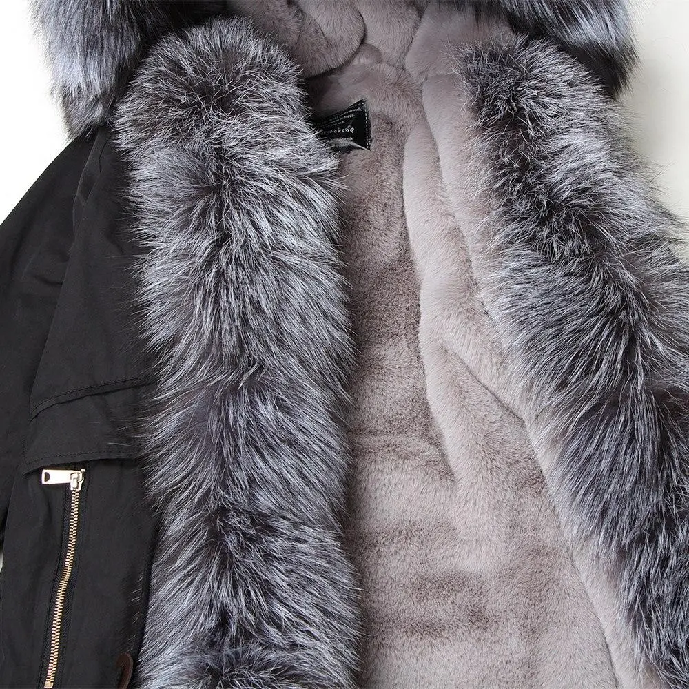 Women's Parka Fox Fur Coats Real Fur Winter Long Black Park Cotton Thick Warm
