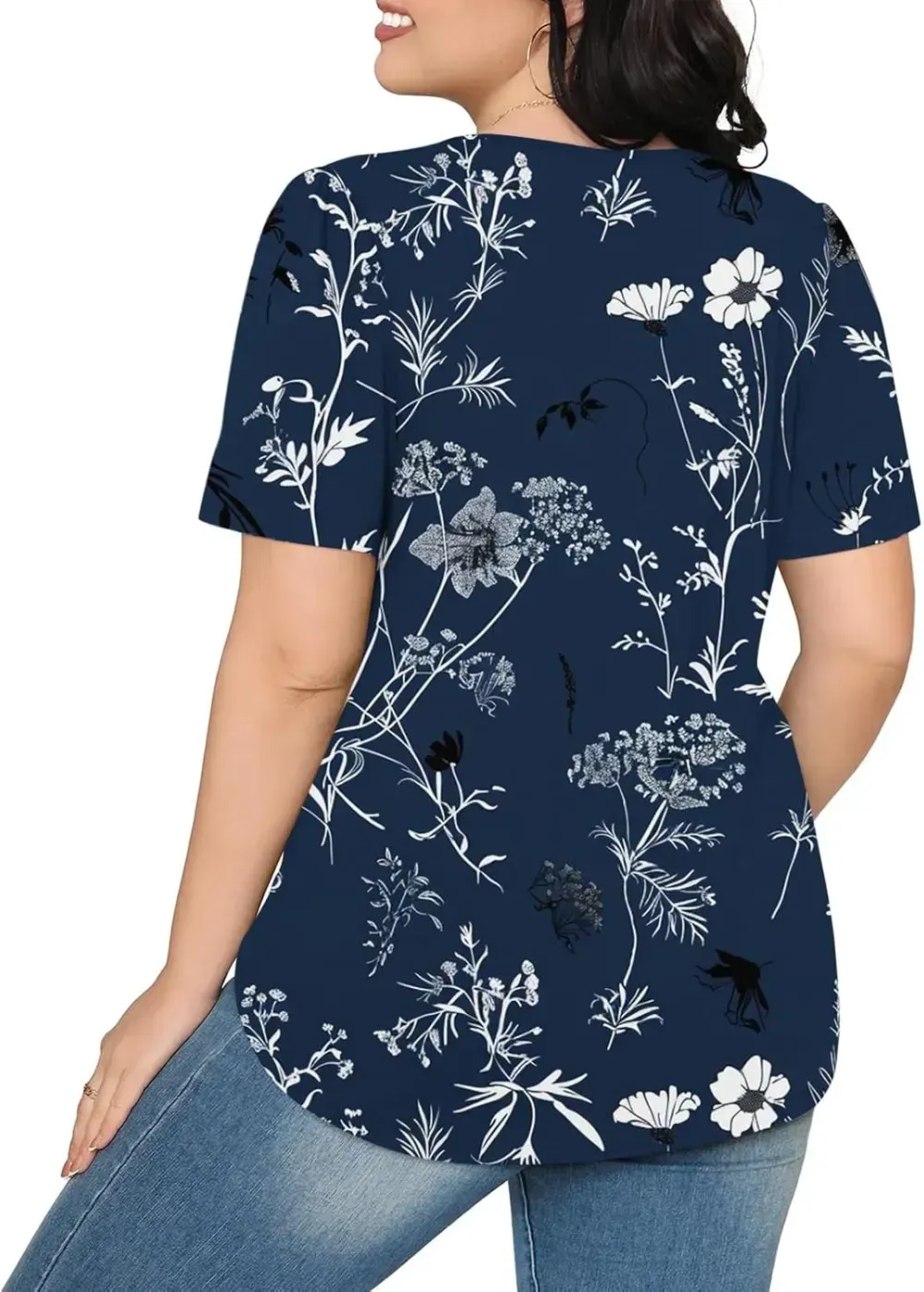 Womens Summer Pleated Front Shirts Tunics Casual Short Sleeved Loose Round Neck Boho Printed Tops Vacation Blouse