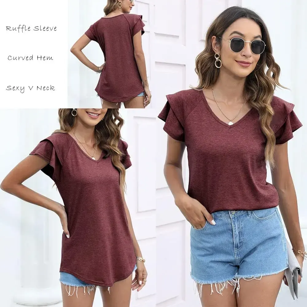 T&Twenties Womens Summer Tops Ruffle Short Sleeve Tunic Tops V Neck Loose Fit Flowy T-Shirts