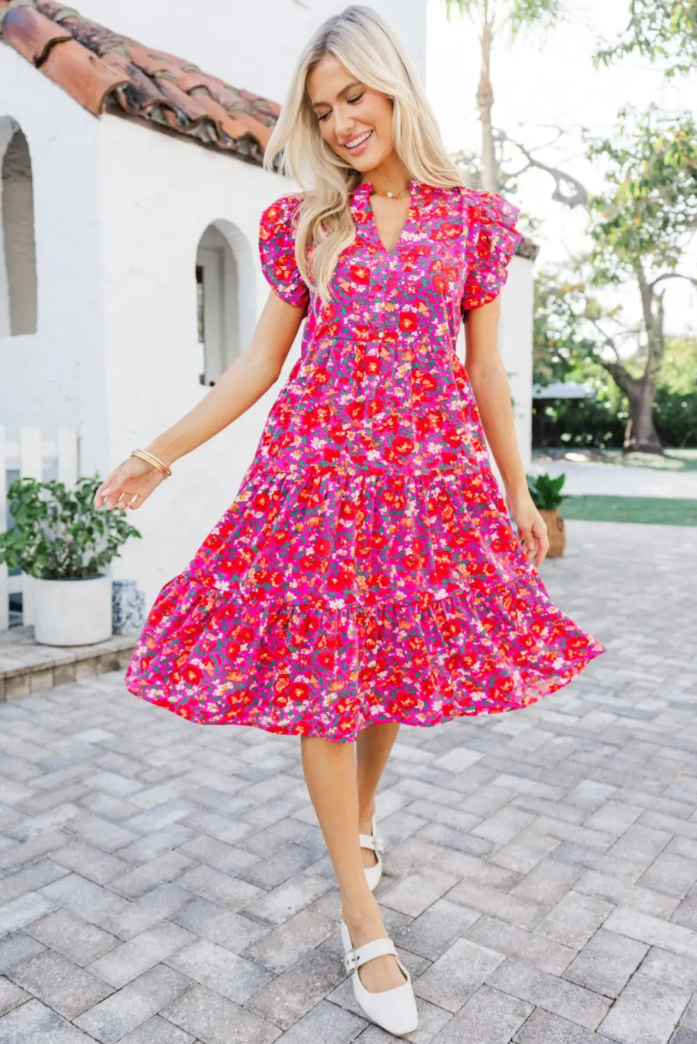 Make It Your Own Fuchsia Pink Floral Tiered Dress