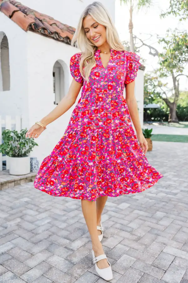 Make It Your Own Fuchsia Pink Floral Tiered Dress