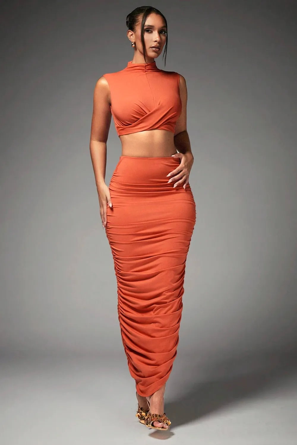 BAE Women's Mock Neck Pleated Crop Top And Skirt Set