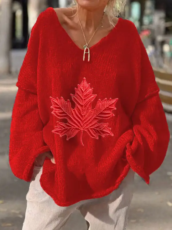 Women's Canadian Maple Leaf Casual Sweater V-Neck Top