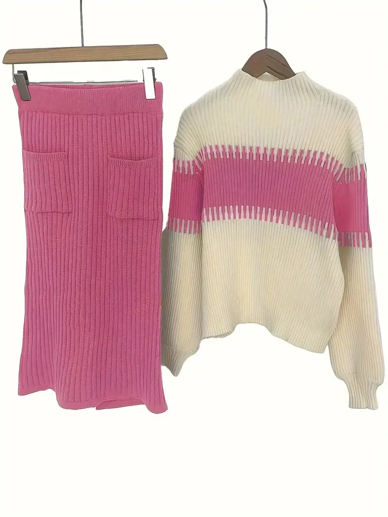 Casual Ribbed Two-piece Set, Color Block Knit Sweater & Solid Midi Sweater Skirts Outfits, Women's Clothing
