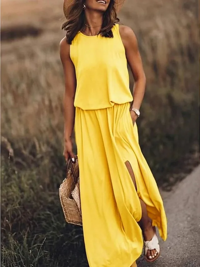 Women's Shift Dress Long Dress Maxi Dress Green Sleeveless Pure Color Split Spring Summer Crew Neck Modern Regular Fit 2023 S M L XL 2XL 3XL 4XL 5XL
