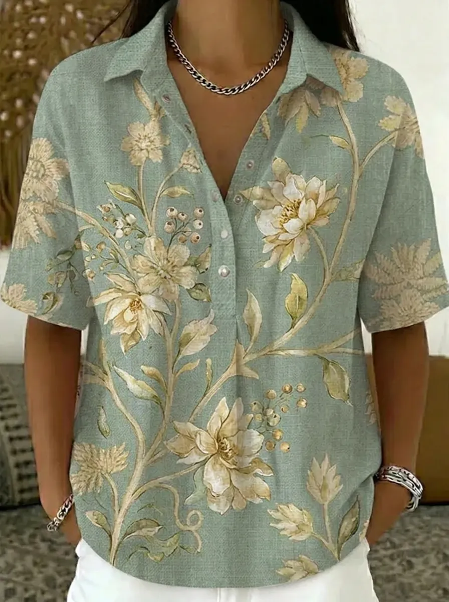 Women's Nashville Floral Botanical Printed V-Neck Shirt
