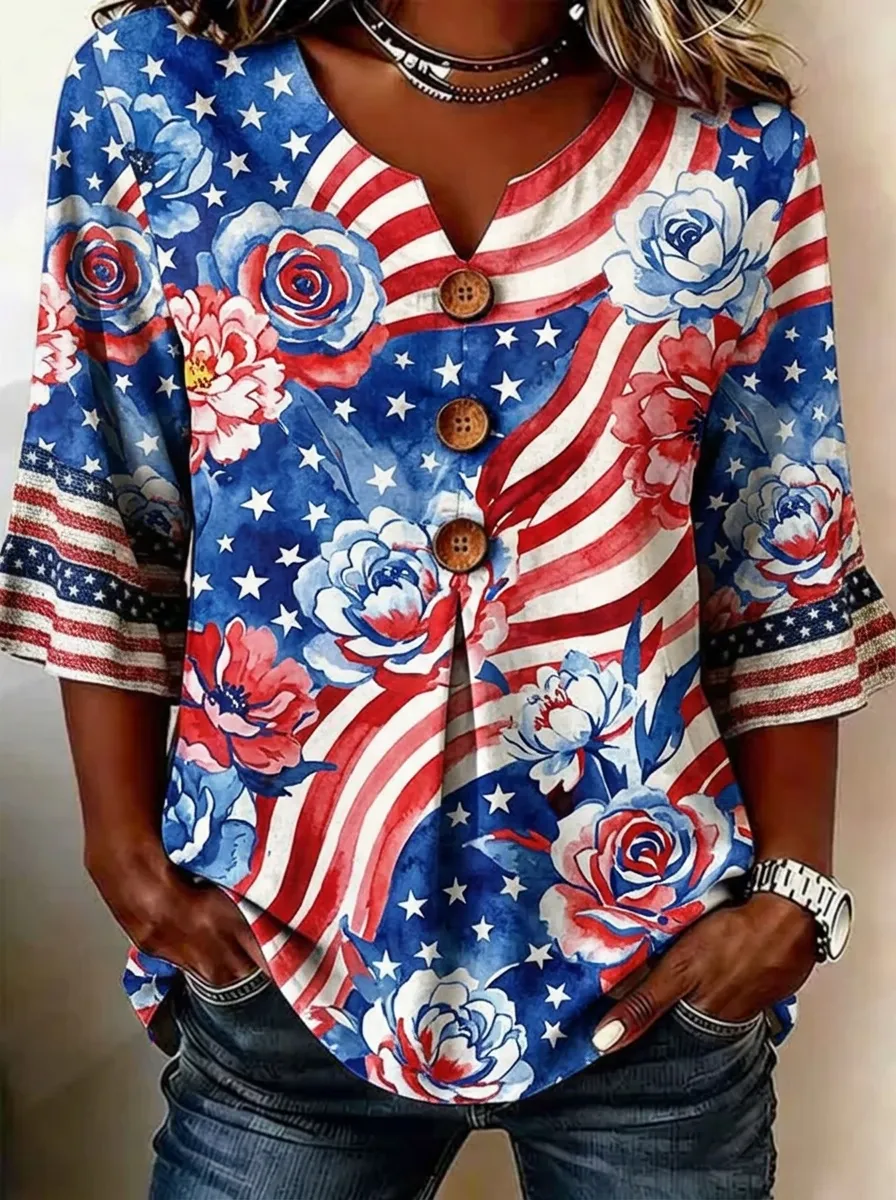Women's Nashville Patriotic Floral Flag Printed V-Neck Button Top