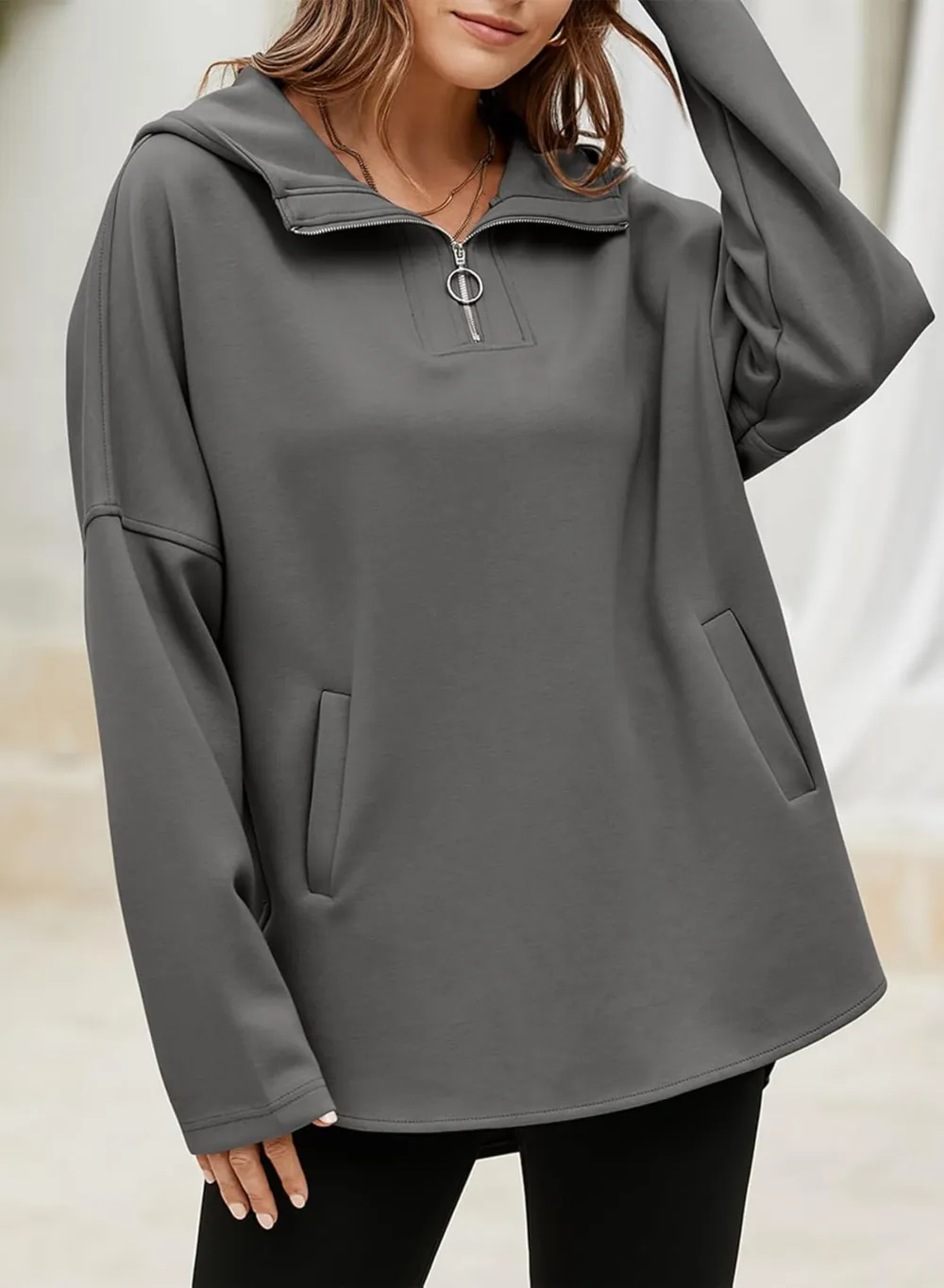Women's Oversized Hoodies Casual Long Sleeve Half Zipper Pocket Sweatshirt Pullover Tops