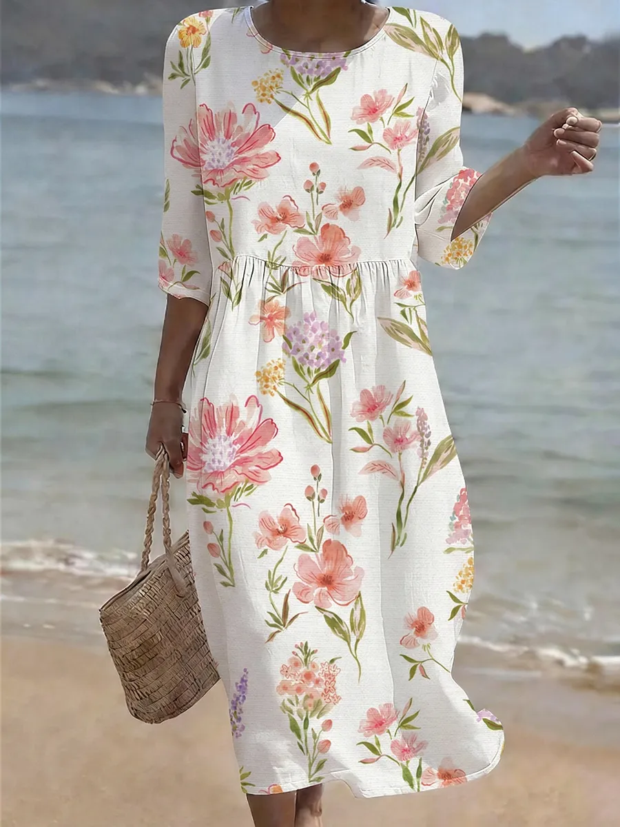 Women's Casual Mid Sleeve Floral Printed Cotton And Linen Dress