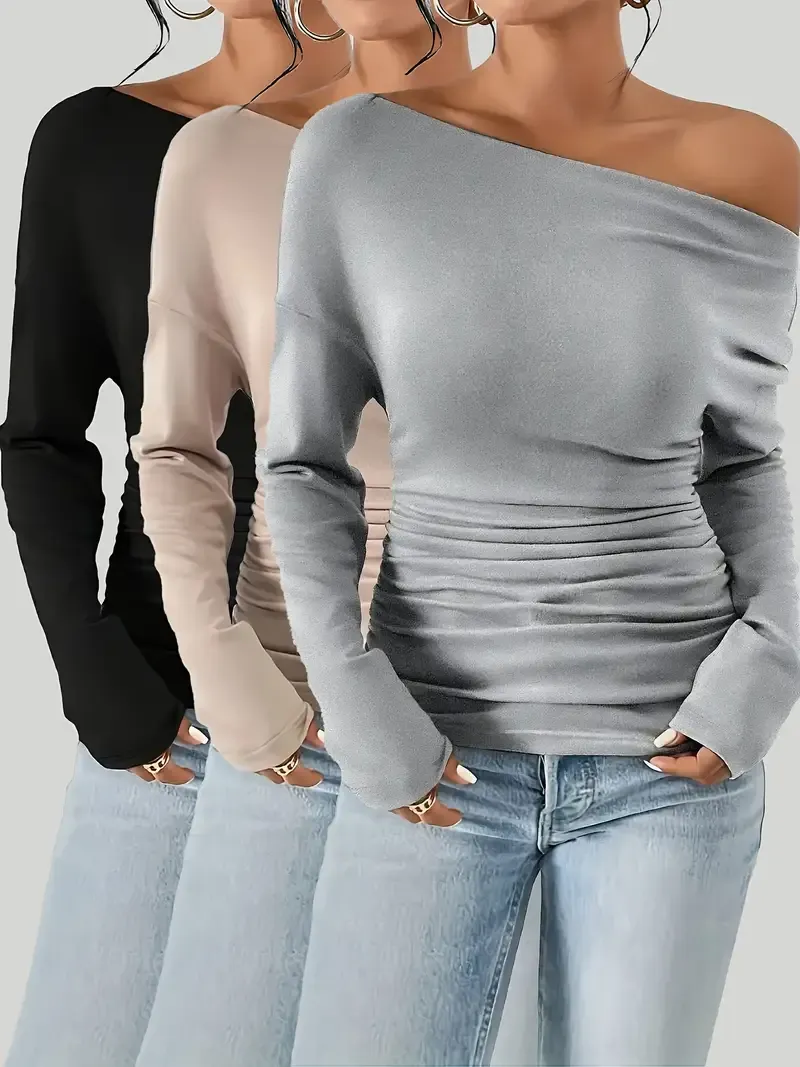 3-Pack Women'S Elegant Off-Shoulder Long Sleeve Tops, Solid Color Knit Polyester Blend, Soft Comfortable Fall/Winter Wear, 95% Polyester 5% Elastane, 180g/m² Fabric Weight