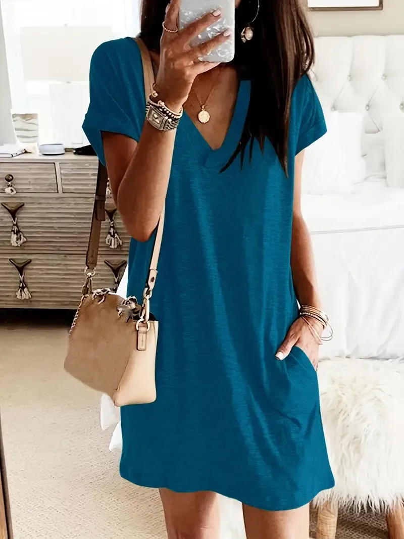 Casual Loose Pocket Dress for Women, Spring Summer Short Sleeve Dress