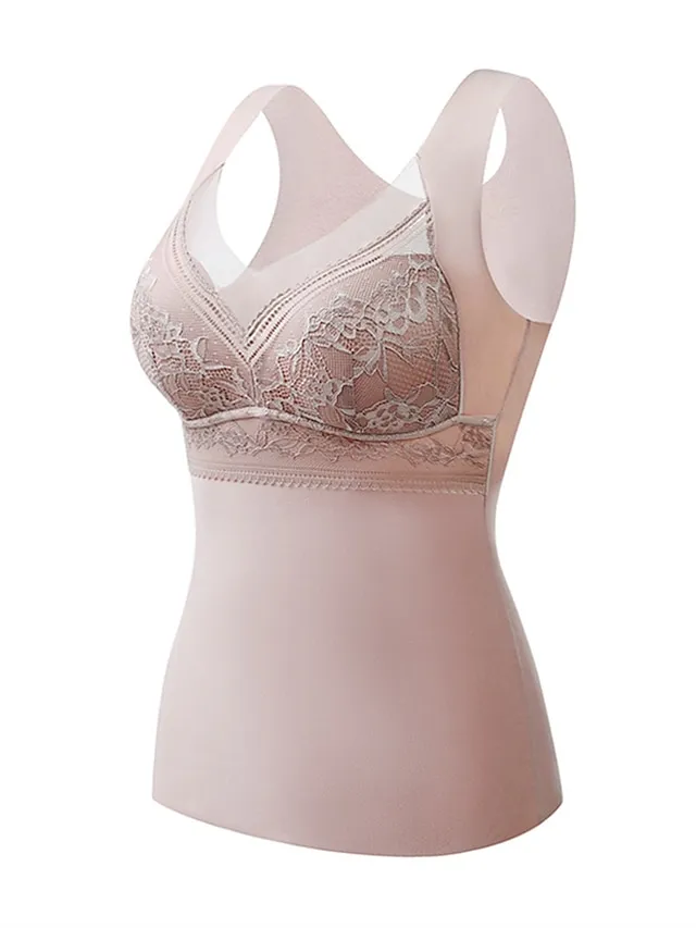 Women‘s Thermal Vest Underwear Built-in Bra Pure Color Warm Fashion Home Street Daily Polyester Warm Breathable Straps Sleeveless Fall Winter Black color