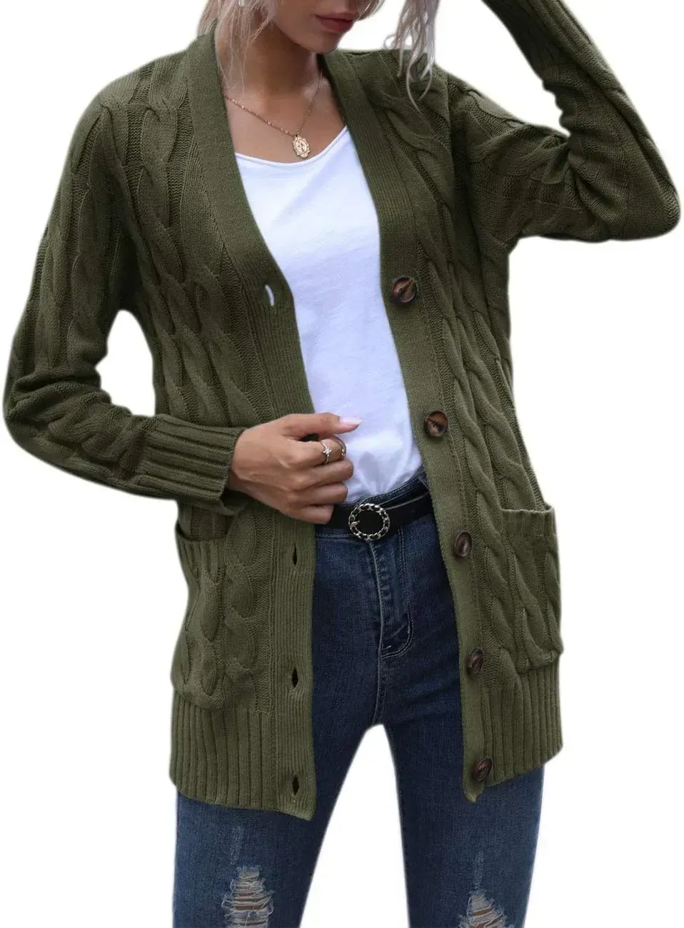 MEROKEETY Women's 2024 Fall Long Sleeve Cable Knit Sweater Open Front Cardigan Button Loose Outerwear