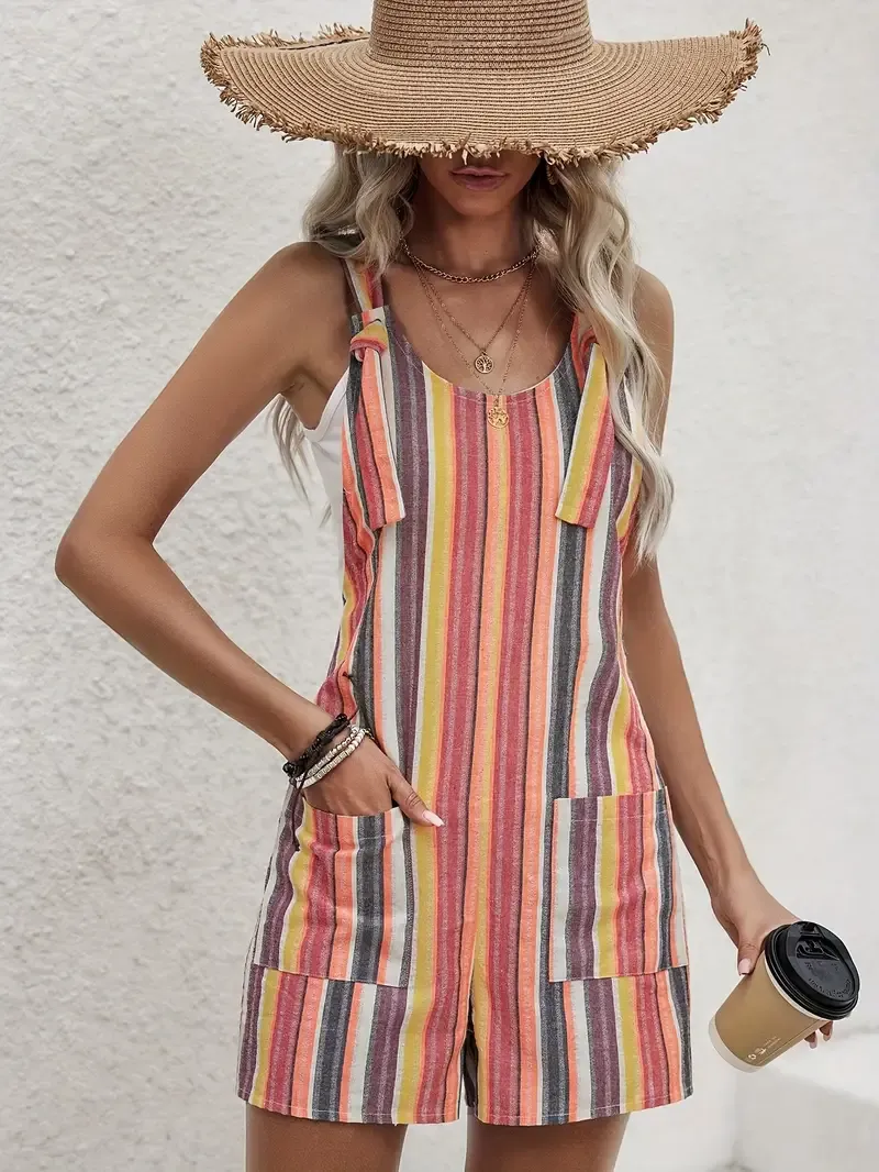 Striped Wide Strap Romper, Vacation Style Pockets Jumpsuit For Spring & Summer, Women's Clothing