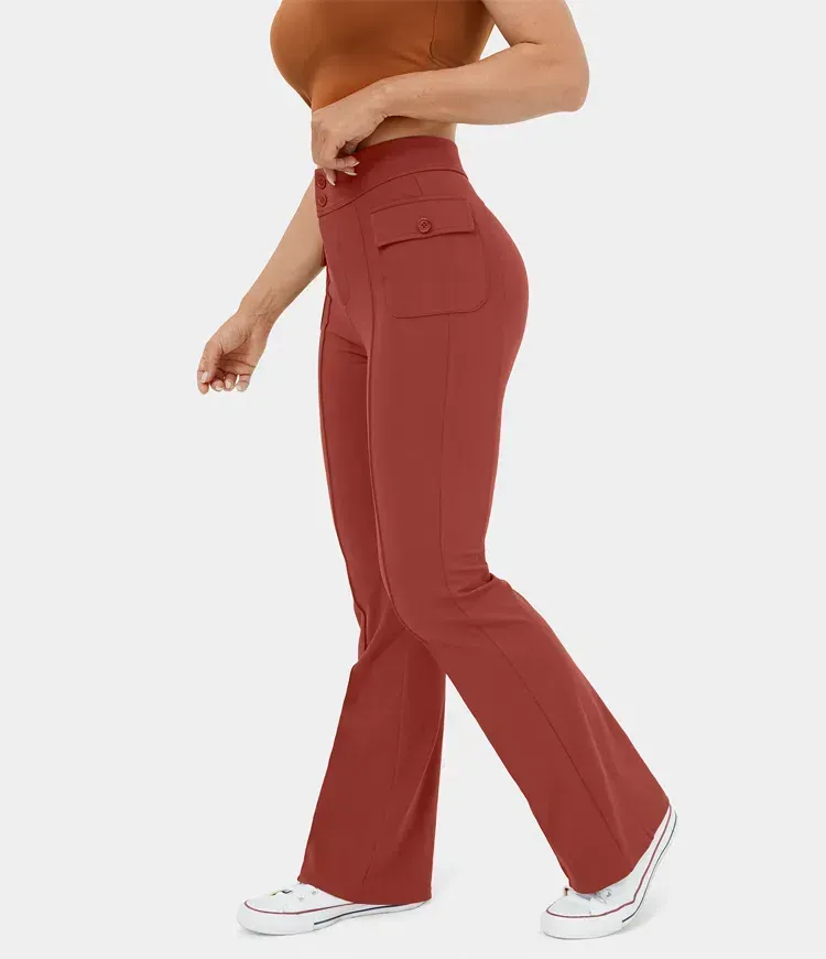 High Waisted Button Side Flap Pocket Flare Casual Cargo Pants