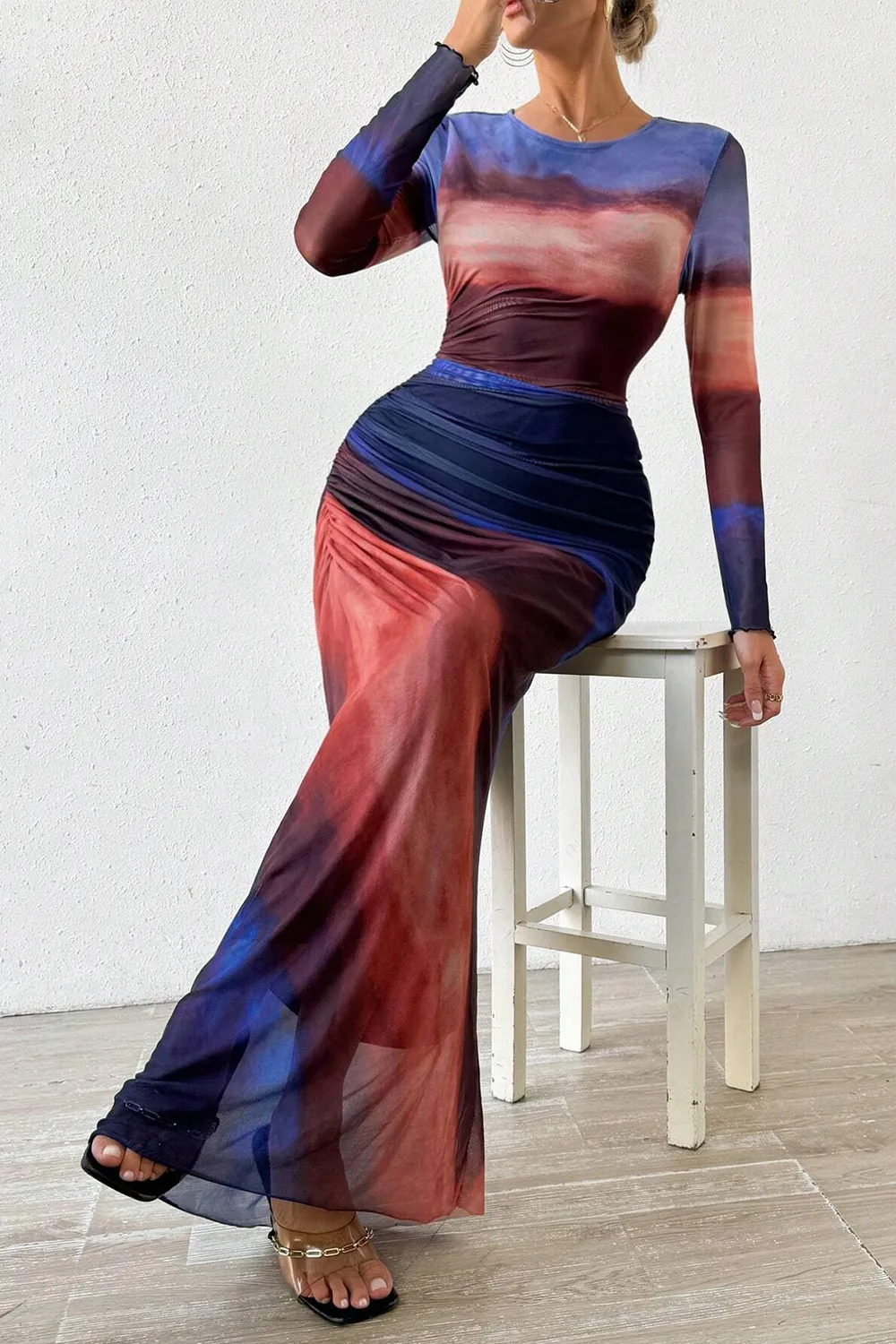 Women's Tie Dye Long Sleeve Pleated Dress