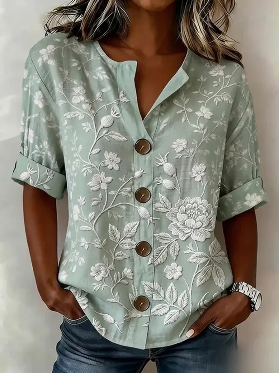 Women's Nashville Floral Embroidery Printed Button-Down Shirt