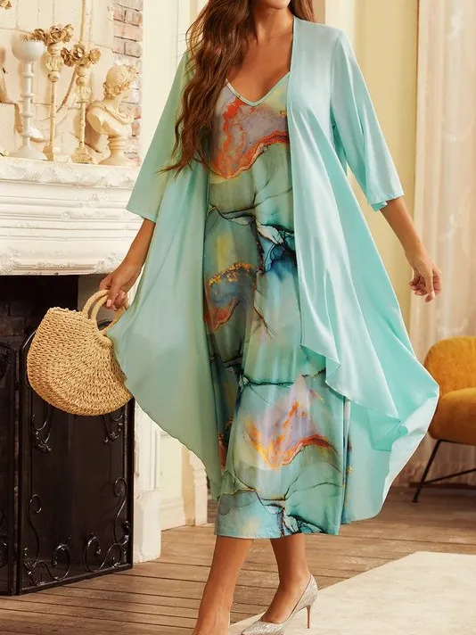 JFN 2PCS V Neck Gradient Vacation Sleeveless Dress with Cardigan