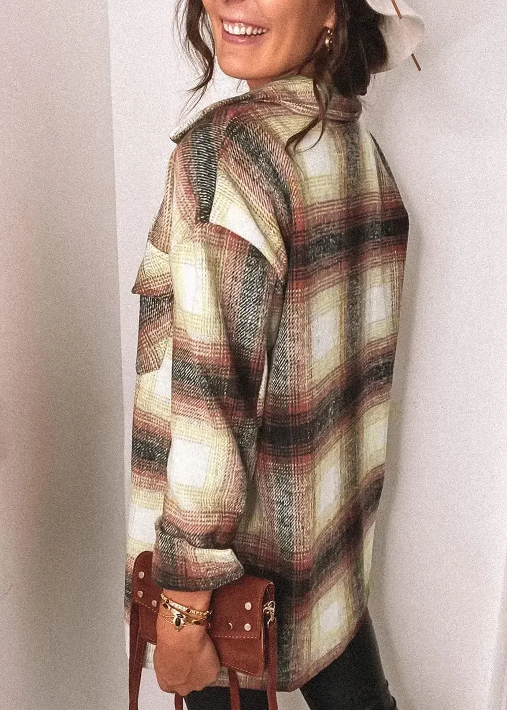 Women's 2023 Fall Clothes Plaid Shacket Jacket Long Sleeve Button Down Flannel Shirts Fashion Blouse