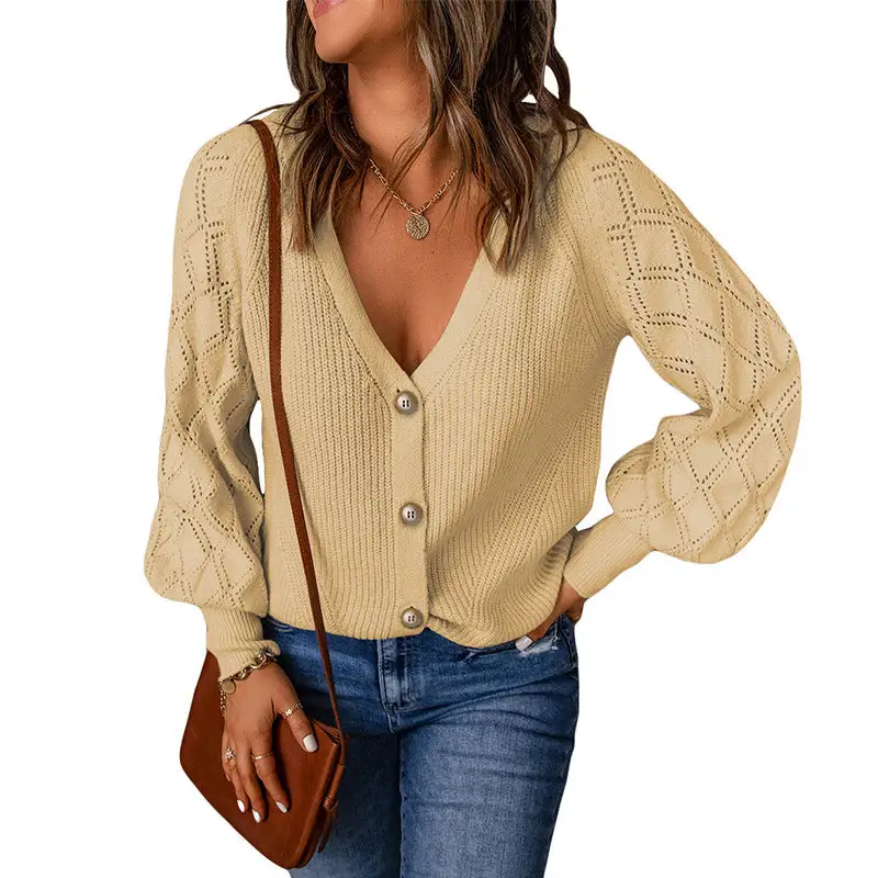 diamond puff sleeve knitted sweater coat