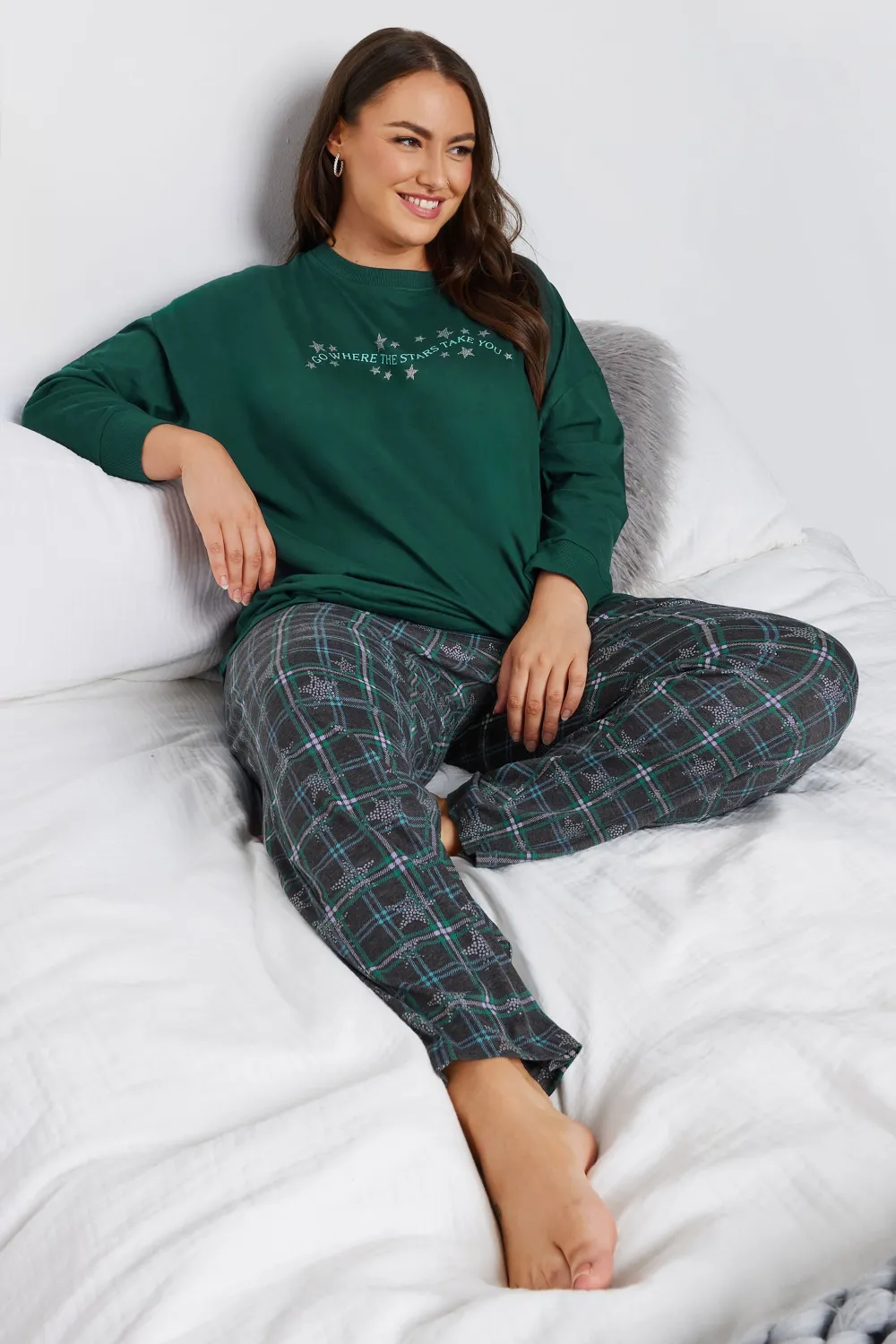 YOURS Curve Green Star Print Wide Leg Pyjama Set