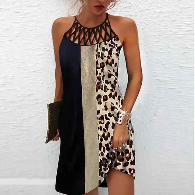 Women's Casual Dress Halter Neck Dress Midi Dress Leopard Black Wine Sleeveless Geometric Cut Out Summer Spring Halter Fashion Vacation 2023 S M L XL XXL 3XL