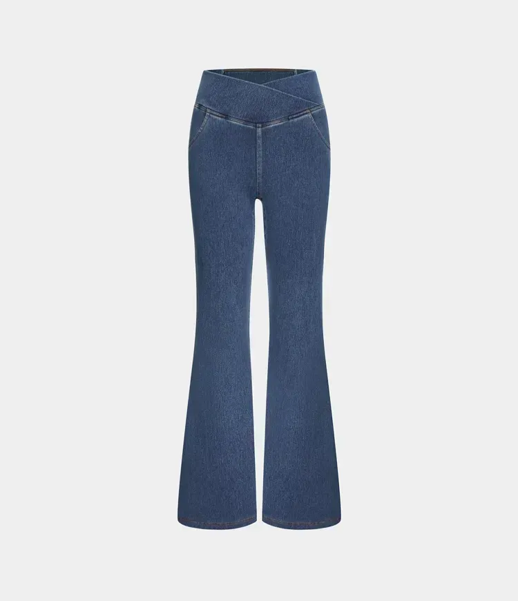 High Waisted Crossover Pocket Washed Stretchy Knit Denim Casual Super Flare Pants