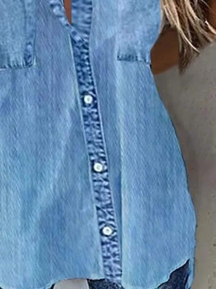 Casual Loose Solid Denim Blue Long Sleeve Blouse