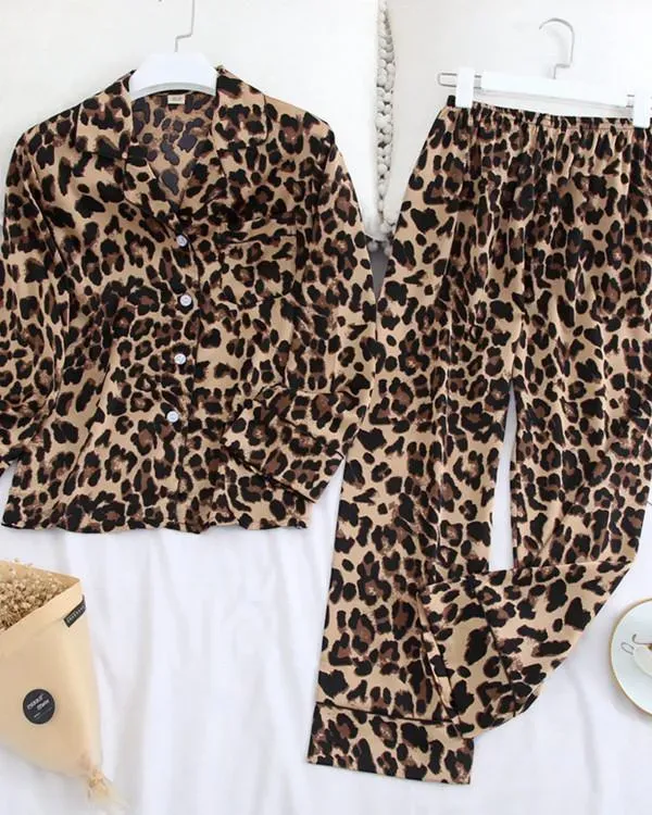 Long Sleeve Pajamas Ice Silk Printing Fashion Sleepwear Set