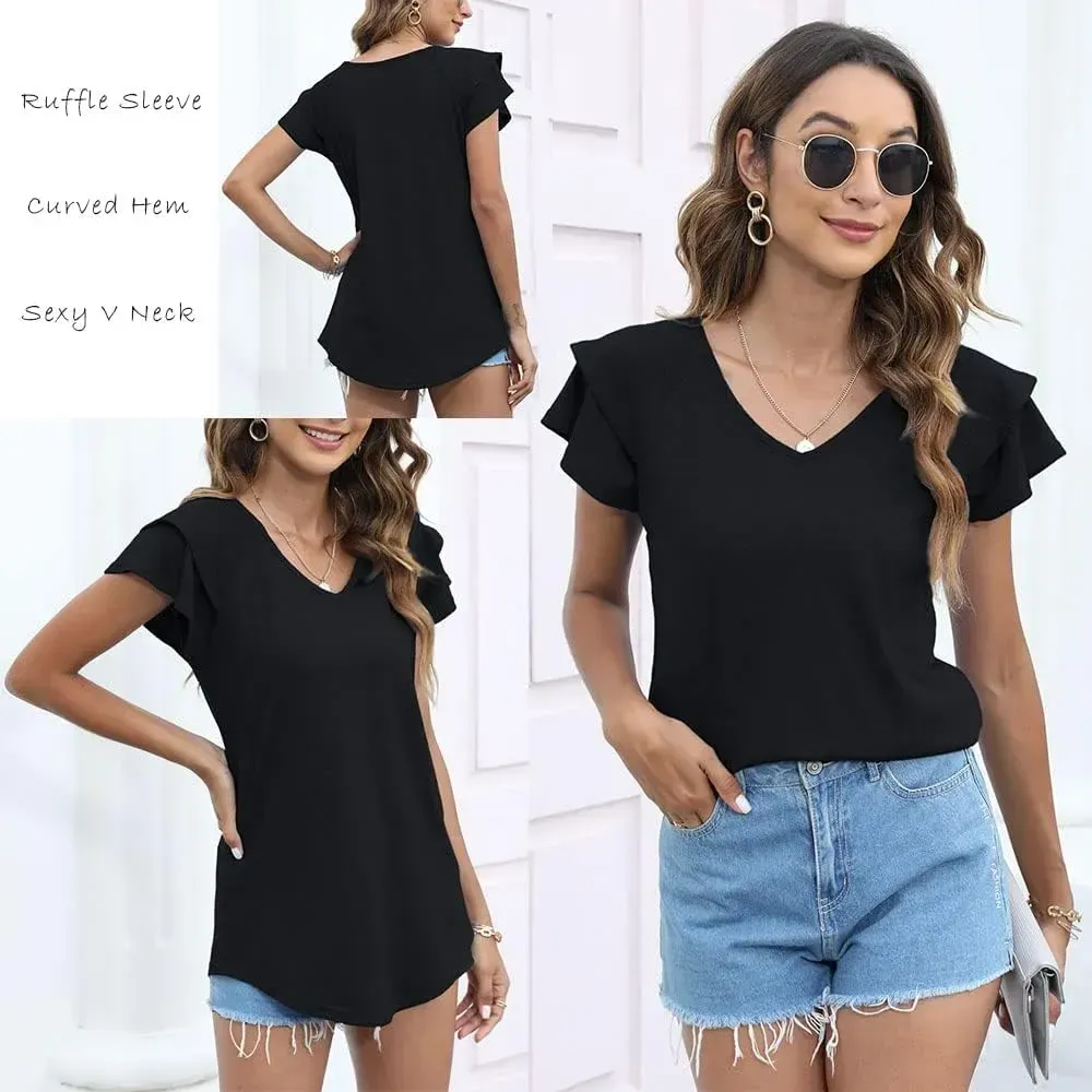 T&Twenties Womens Summer Tops Ruffle Short Sleeve Tunic Tops V Neck Loose Fit Flowy T-Shirts