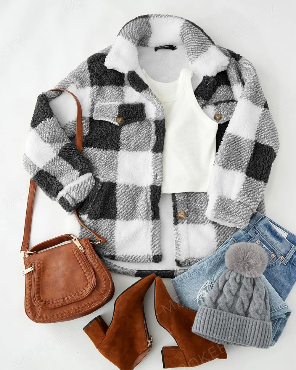 Women's Fleece Plaid Jacket Coats Button Down Lapel Sherpa Shacket Outwear with Pockets