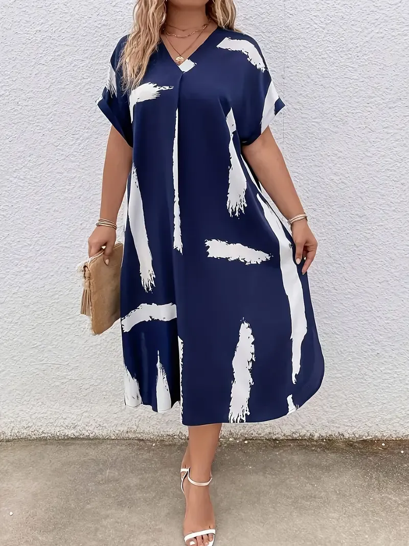 Women's Plus Size Brush Print Dress - Elegant Short Sleeve V Neck Dress For Spring & Summer - Suitable for Casual & Party Occasions - For Women