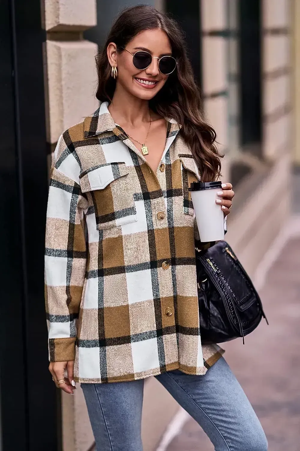 Women's 2023 Fall Clothes Plaid Shacket Jacket Long Sleeve Button Down Flannel Shirts Fashion Blouse