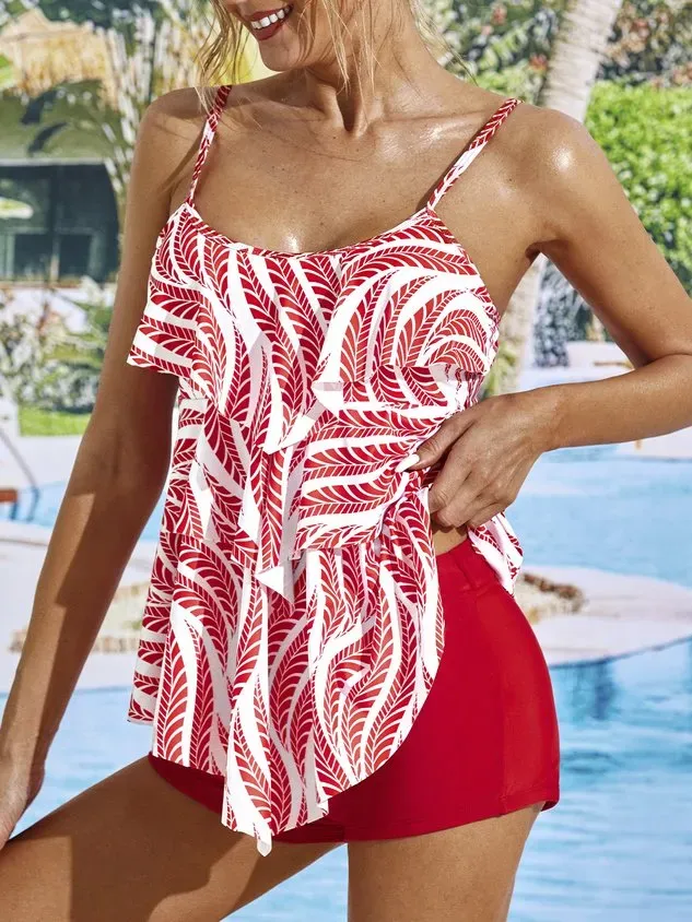 Vacation Floral Flouncing Scoop Neck Tankinis Two-Piece Set
