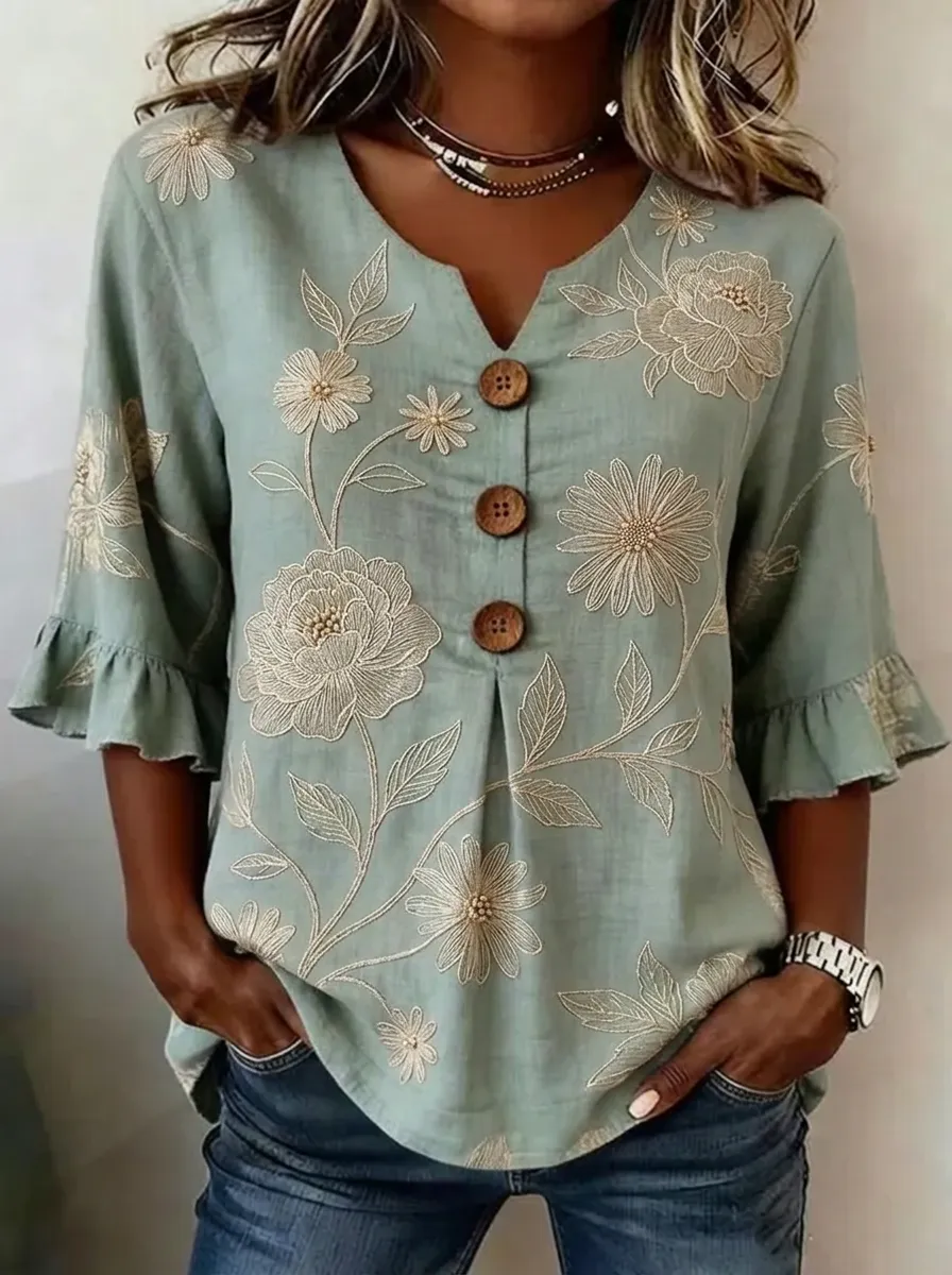 Women's Nashville Floral Embroidery Buttoned Ruffle Sleeve Top