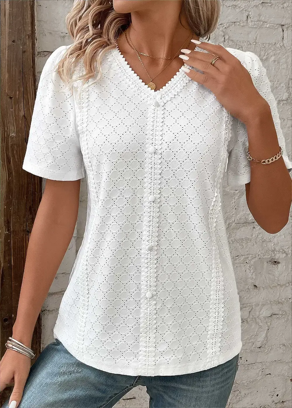 White Patchwork Short Sleeve V Neck Blouse