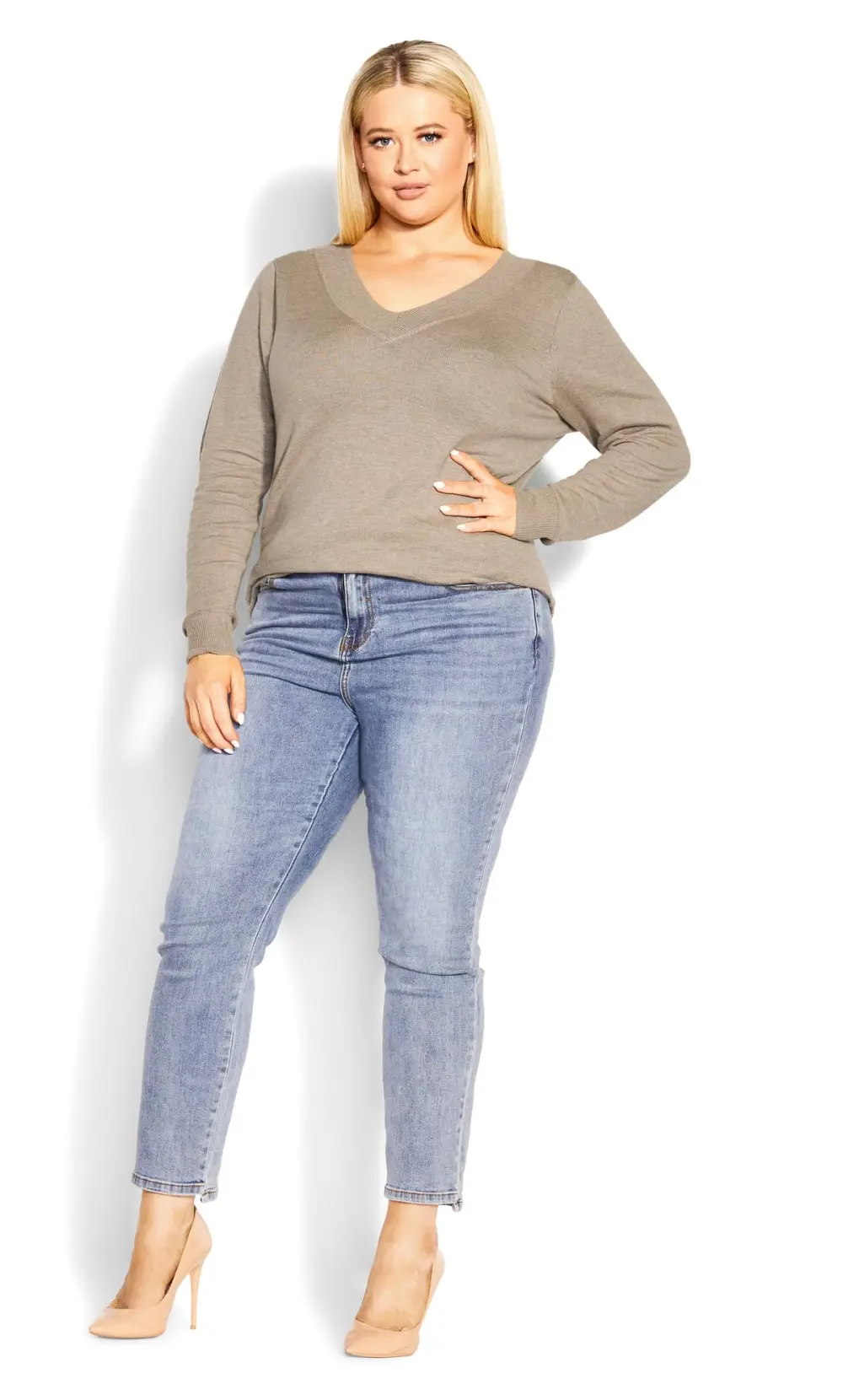 Evans Beige Brown V-Neck Knitted Jumper