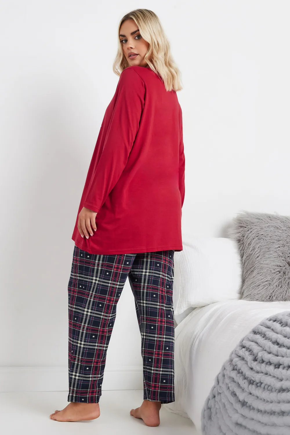 YOURS Curve Red 'Cosy Club' Check Print Wide Leg Pyjama Gift Set