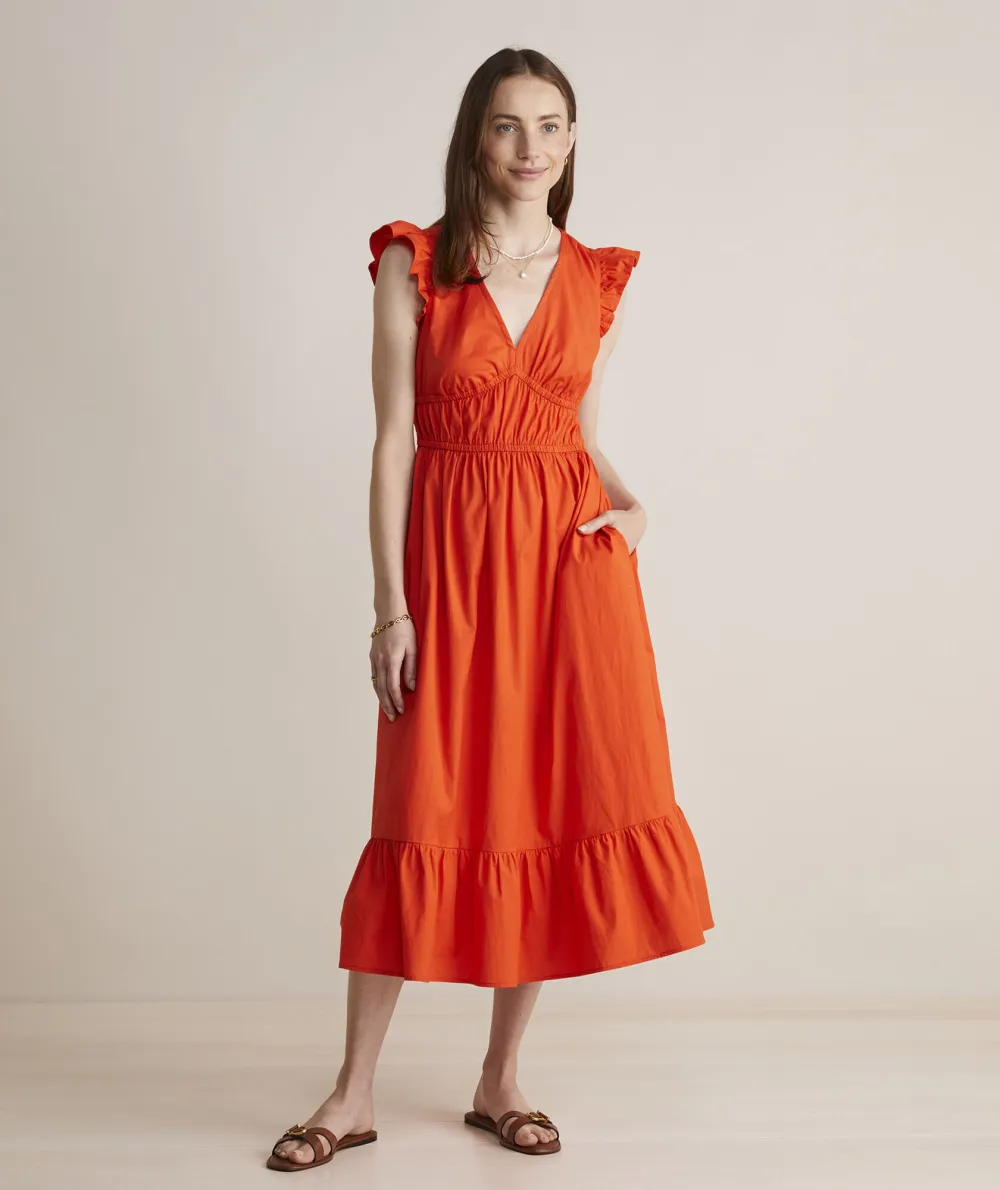 Poplin Flutter-Sleeve Midi Dress