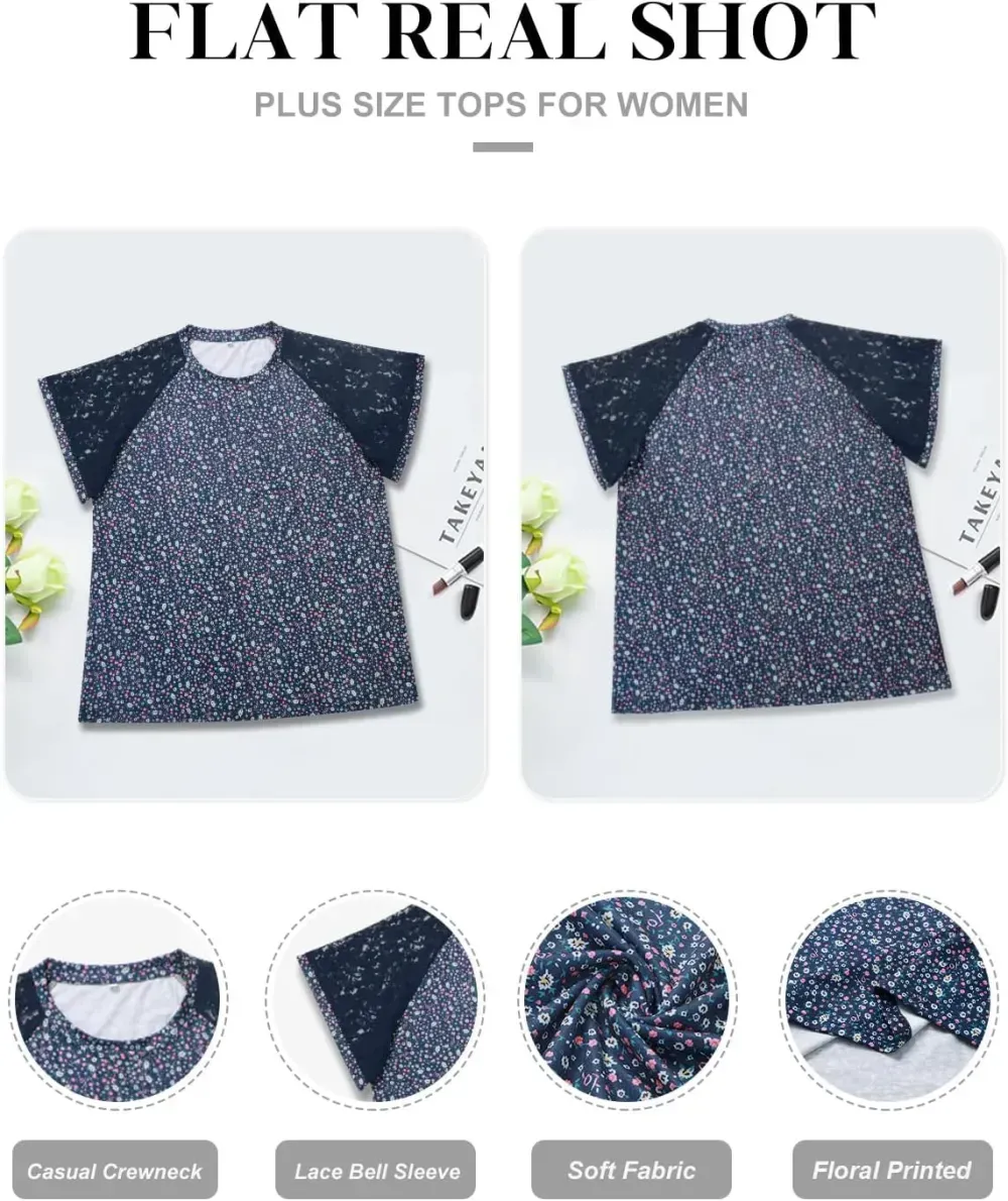 HDLTE Womens Plus Size Tops Floral Bell Sleeves Blouses Summer Crewneck Tunic Loose Casual T Shirts