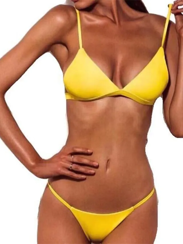 Women's Swimwear Bikini trikini 2 Piece Normal Swimsuit 2 Piece Open Back Sexy Pure Color Black White Yellow Pink Red Padded Strap Bathing Suits New Vacation Beach Wear