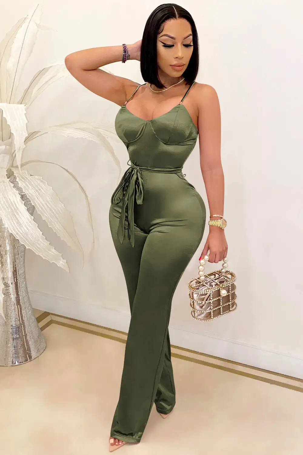 V Neck Sleeveless Tie Jumpsuit